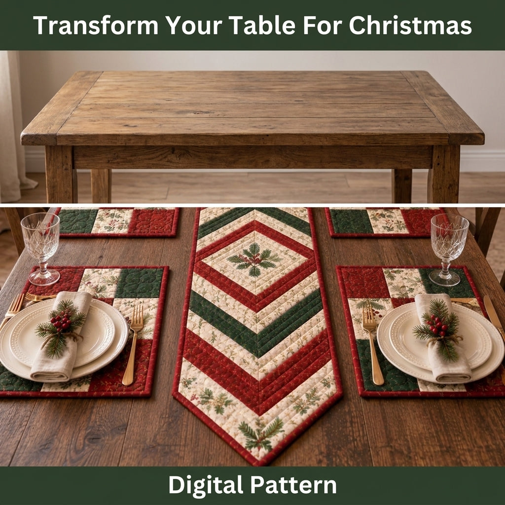 Christmas Table Runner & Placemats Quilt Pattern | Chevron Strip-Pieced Set of 5 | Beginner Quilting Project | PDF Instant Download