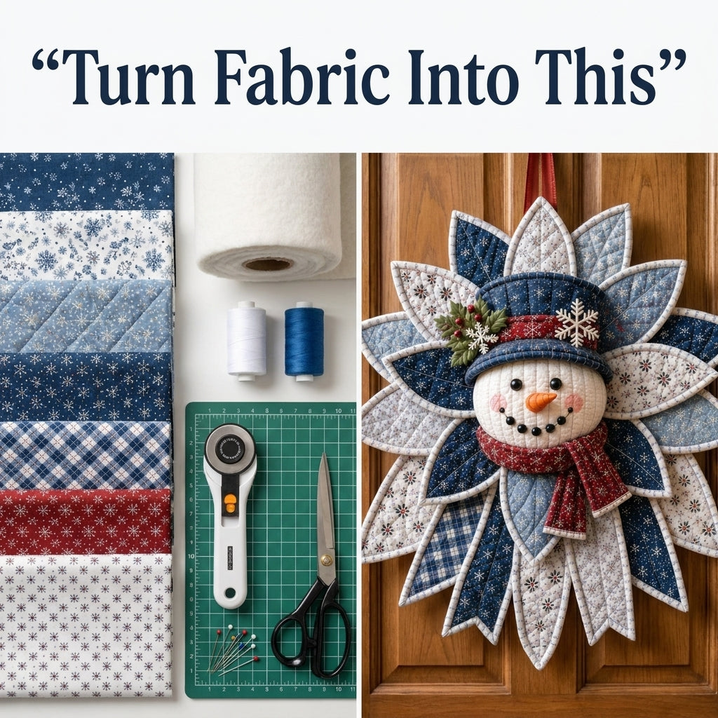 Christmas Door Hanger Sewing Pattern — Folded Fabric Snowman Wreath, No-Quilting Method, PDF Download