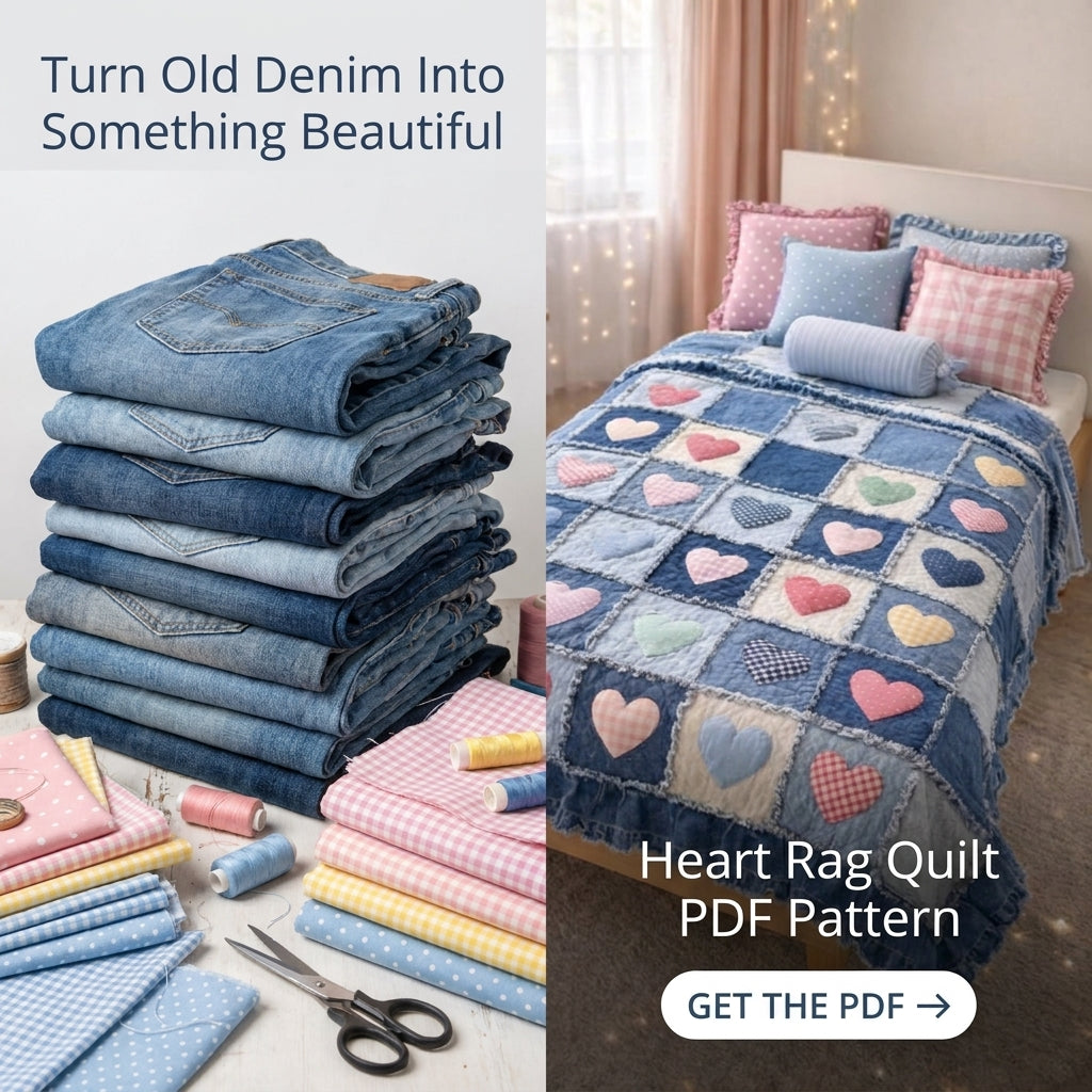 Denim Heart Rag Quilt Pattern โ Upcycled Jeans Patchwork Quilt