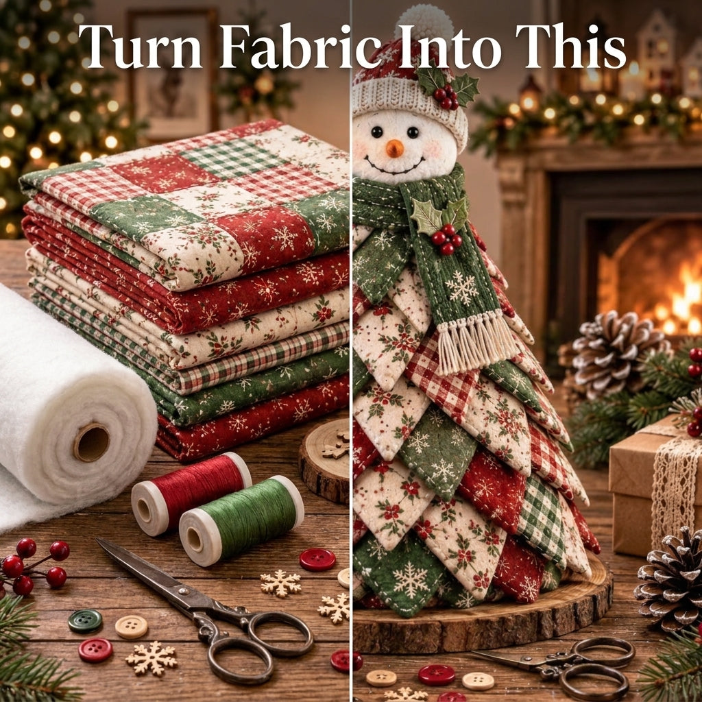 Folded Fabric Christmas Tree Sewing Pattern — Standing Snowman Cone Tree, No-Sew Petal Method, PDF Download