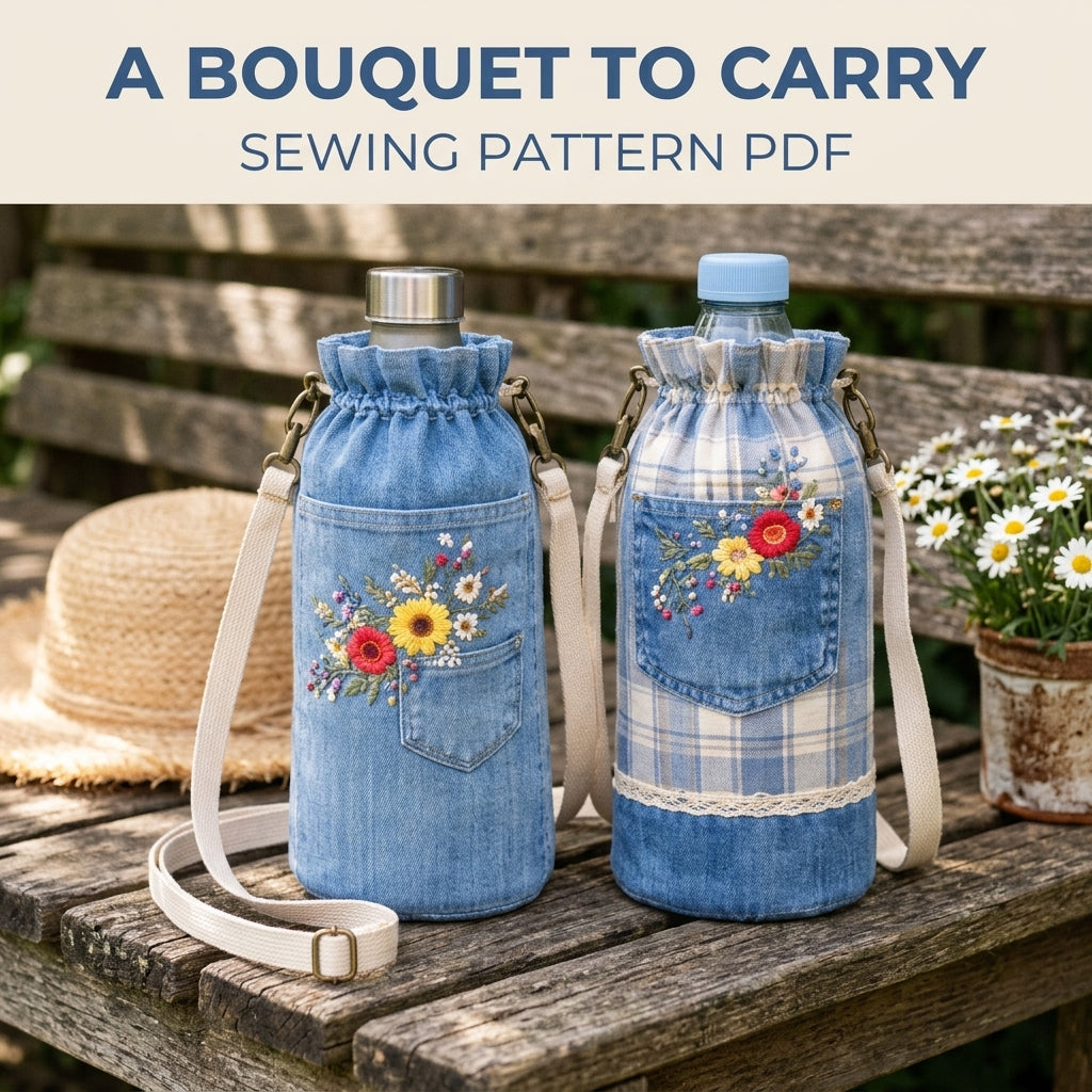 Embroidered Pocket Bottle Bag Sewing Pattern PDF – Upcycled Jeans Bottle Holder