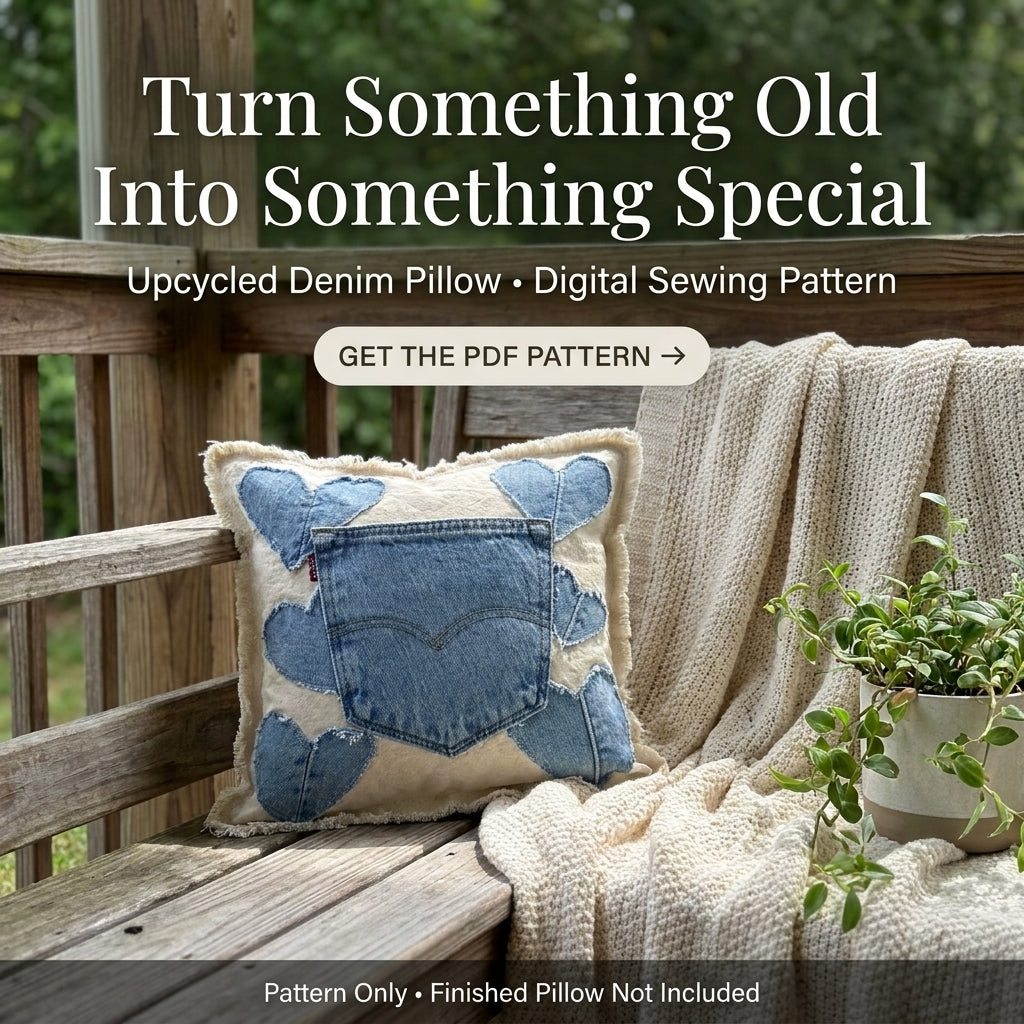 Upcycled Denim Heart Pillow Pattern | Jeans Pocket & Appliqué Hearts on Raw Canvas | Beginner Sewing Project | PDF Instant Download
