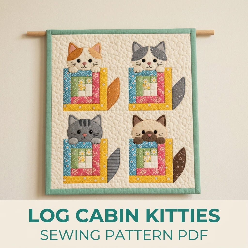 Log Cabin Kitty Mini Quilt Sewing Pattern PDF – Cat Appliqué Wall Quilt