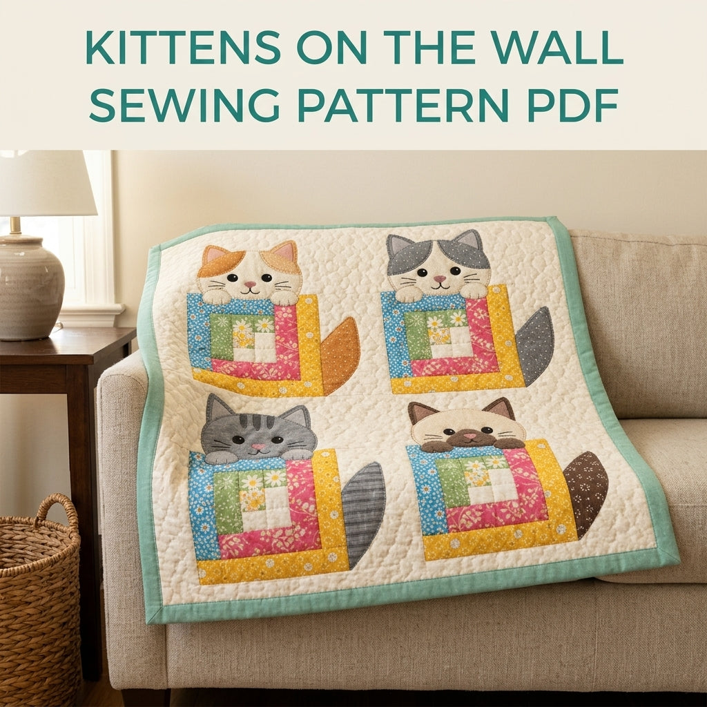 Log Cabin Kitty Mini Quilt Sewing Pattern PDF – Cat Appliqué Wall Quilt