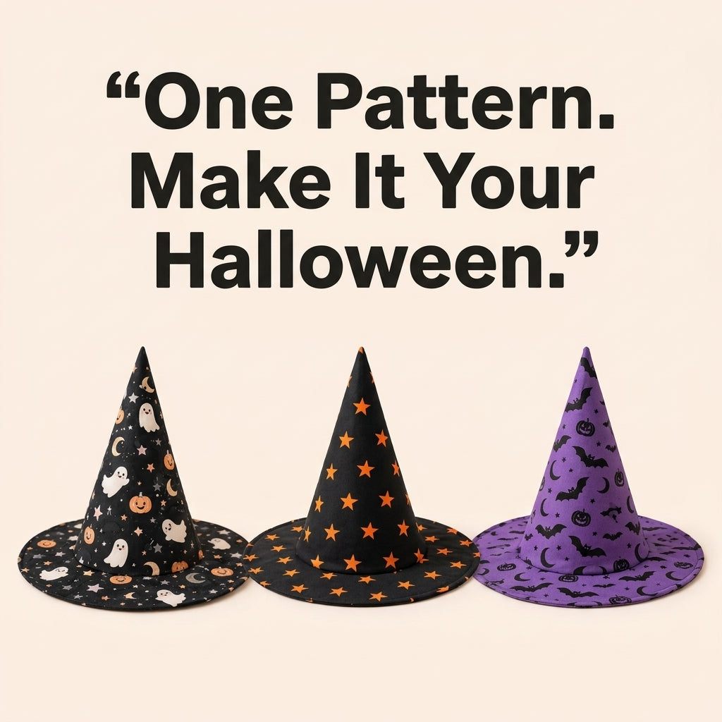Quilted Witch Hat Table Topper PDF Sewing Pattern | Free-Standing Halloween Centrepiece with Bendy Tip | Black Cat Patchwork | Instant Download