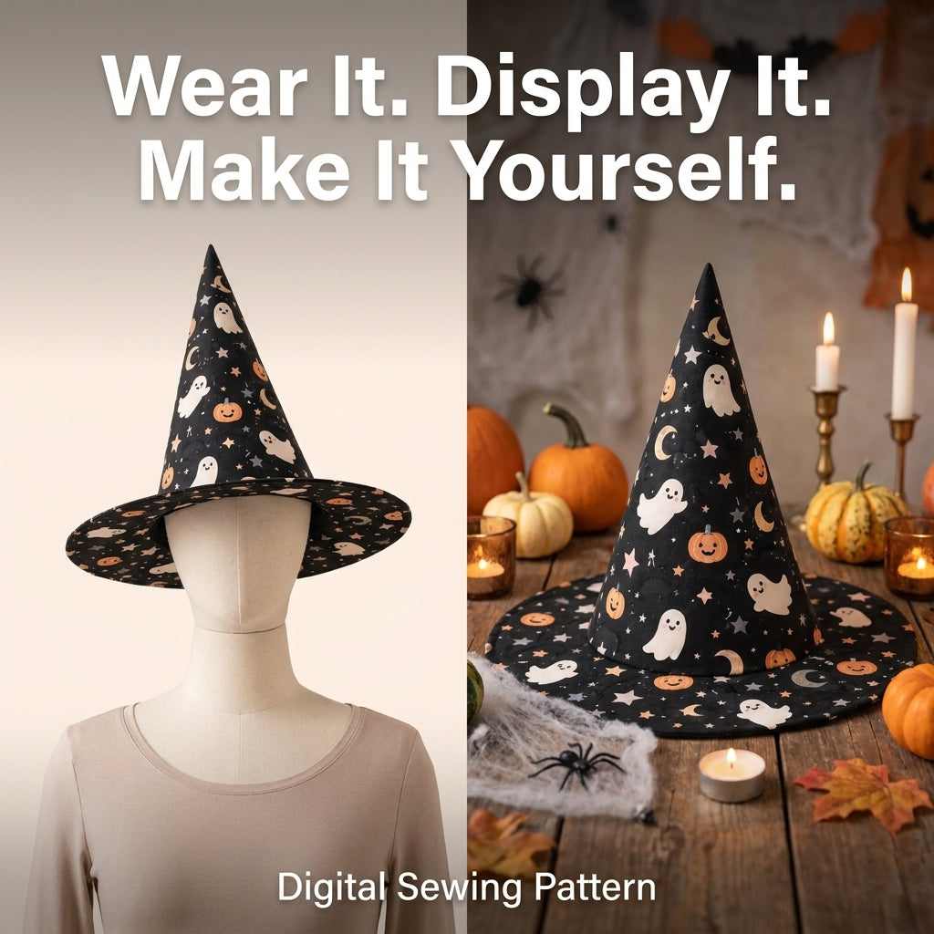 Quilted Witch Hat Table Topper PDF Sewing Pattern | Free-Standing Halloween Centrepiece with Bendy Tip | Black Cat Patchwork | Instant Download