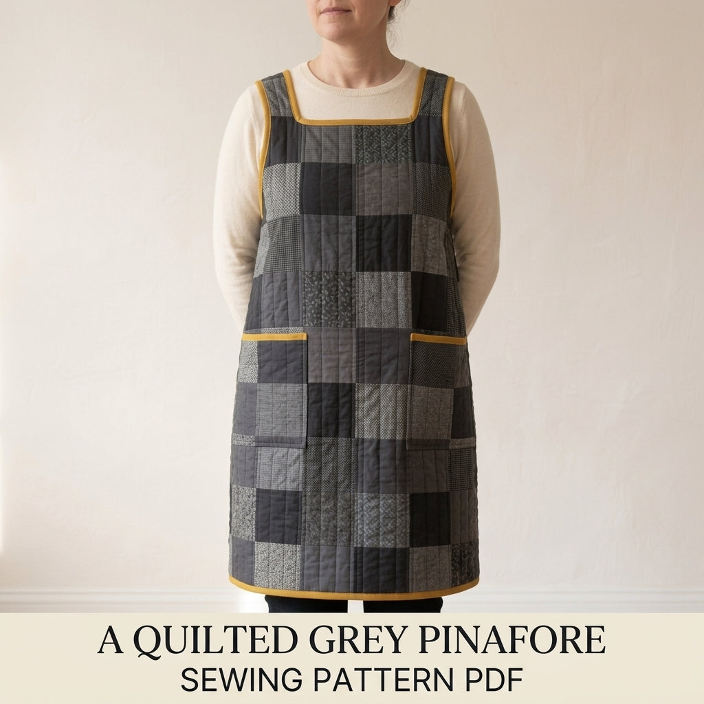 Quilted Pinafore Dress Sewing Pattern PDF – Patchwork Apron Dress with Square Neck and Pockets