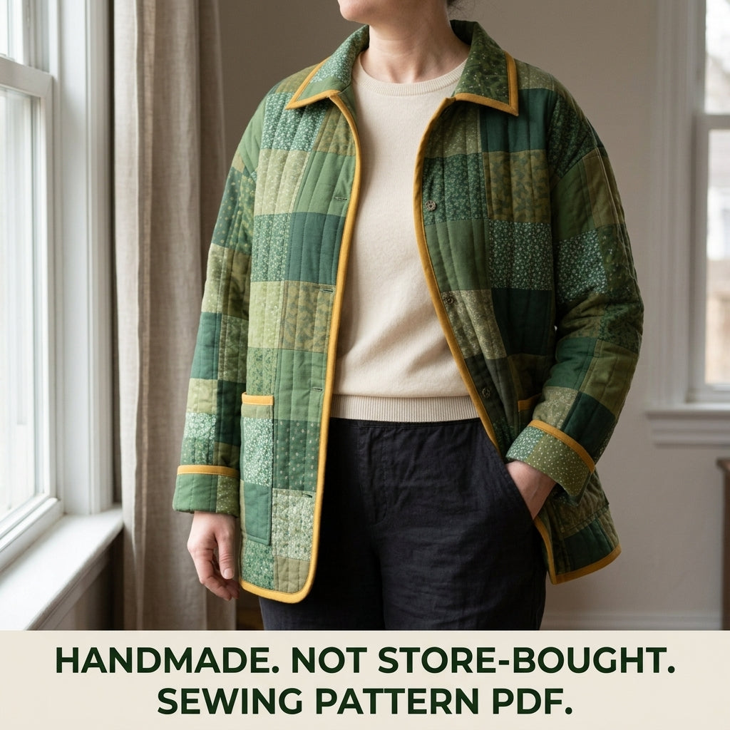Quilted Patchwork Chore Coat Sewing Pattern PDF – Boxy Hip-Length Quilt Coat with Collar and Patch Pockets