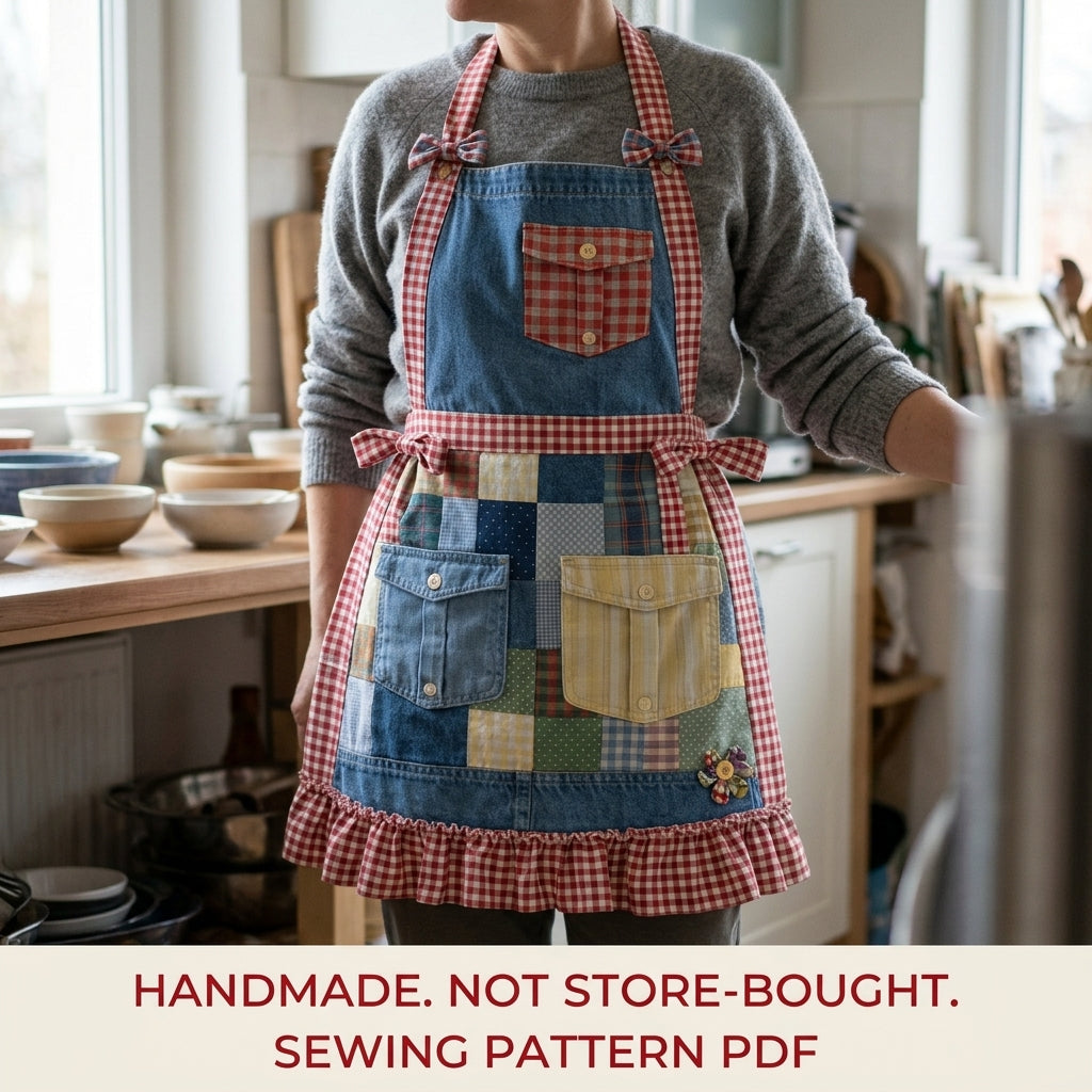Denim Patchwork Ruffle Apron Sewing Pattern PDF – Upcycled Jeans Apron
