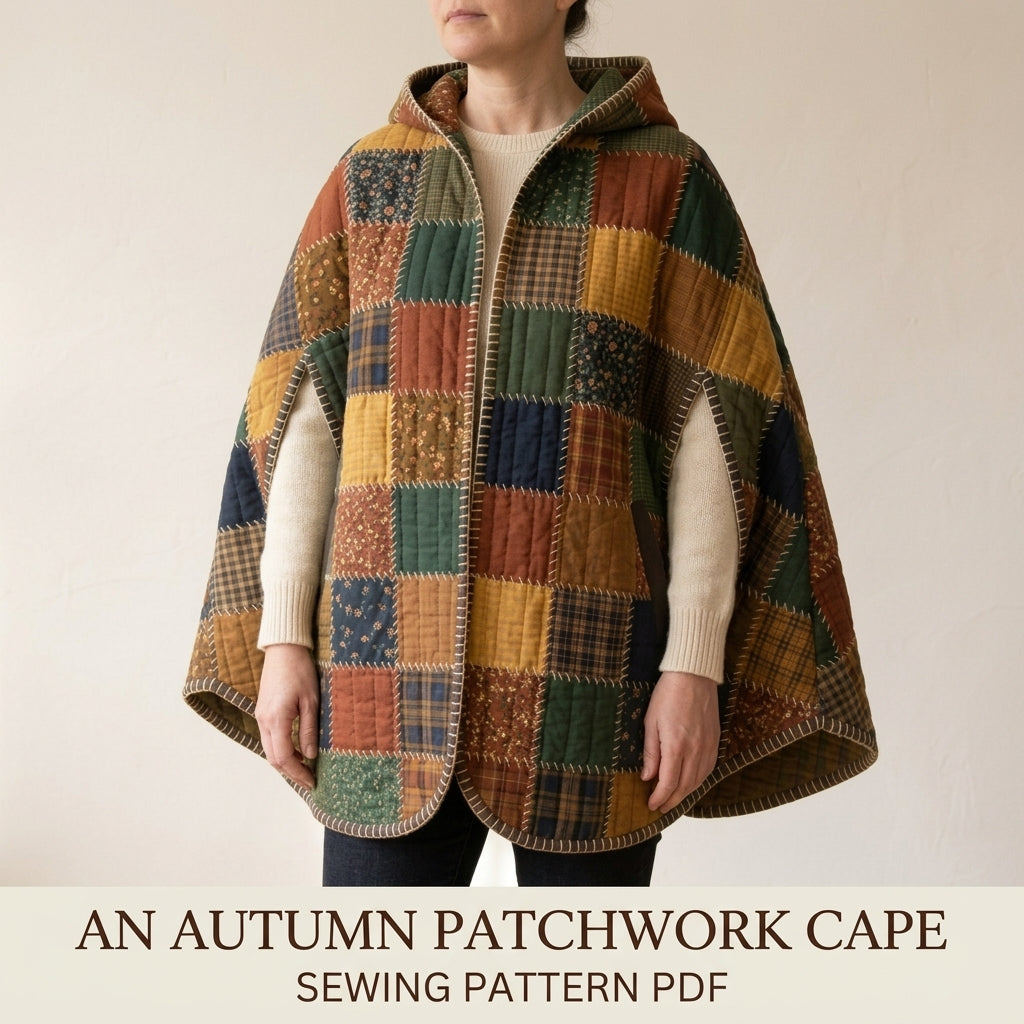 Hooded Patchwork Cape Sewing Pattern PDF – Quilted Autumn Cape with Hand Blanket Stitch Edges and Arm Slits