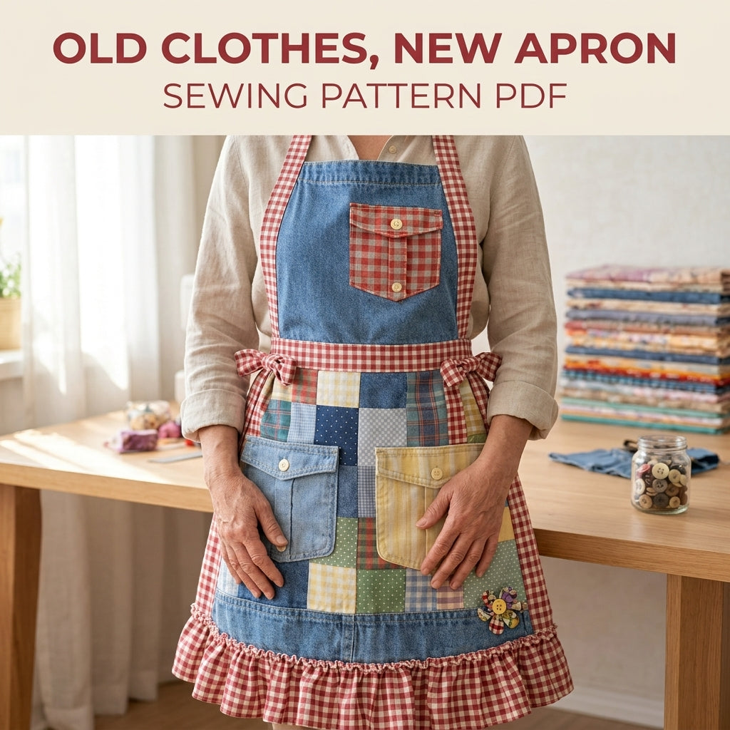 Denim Patchwork Ruffle Apron Sewing Pattern PDF – Upcycled Jeans Apron