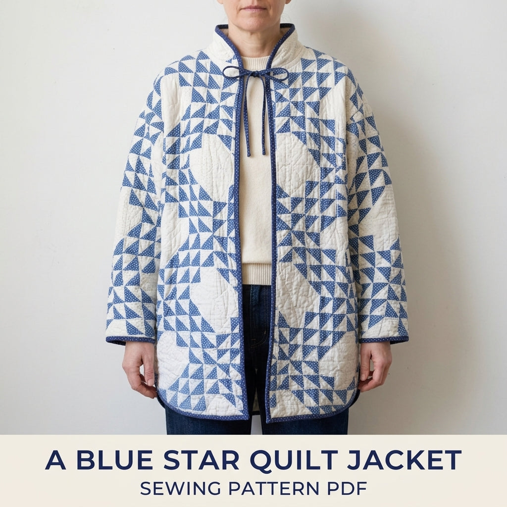 Blue Star Quilt Jacket Sewing Pattern PDF – Tie Collar Jacket with Gathered Back Yoke