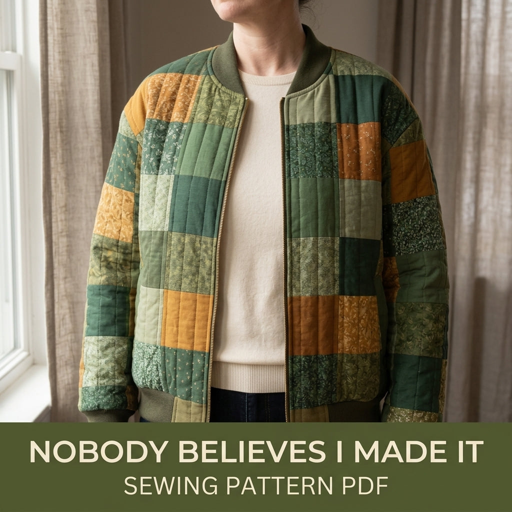 Quilted Bomber Jacket Sewing Pattern PDF – Patchwork Quilt Bomber with Zip and Rib Knit Trim