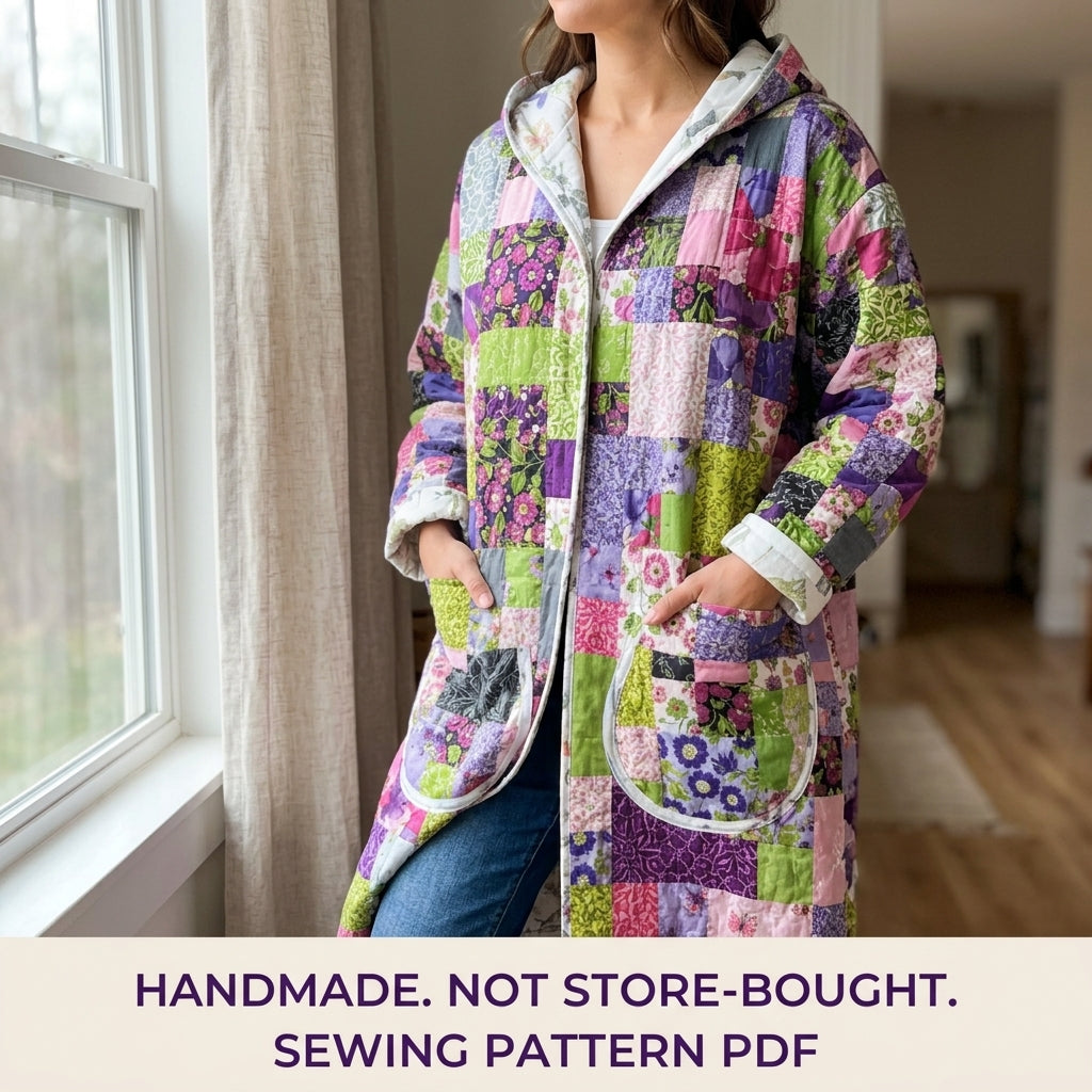 Hooded Patchwork Quilt Coat Sewing Pattern PDF – Long Quilted Coat with Hood