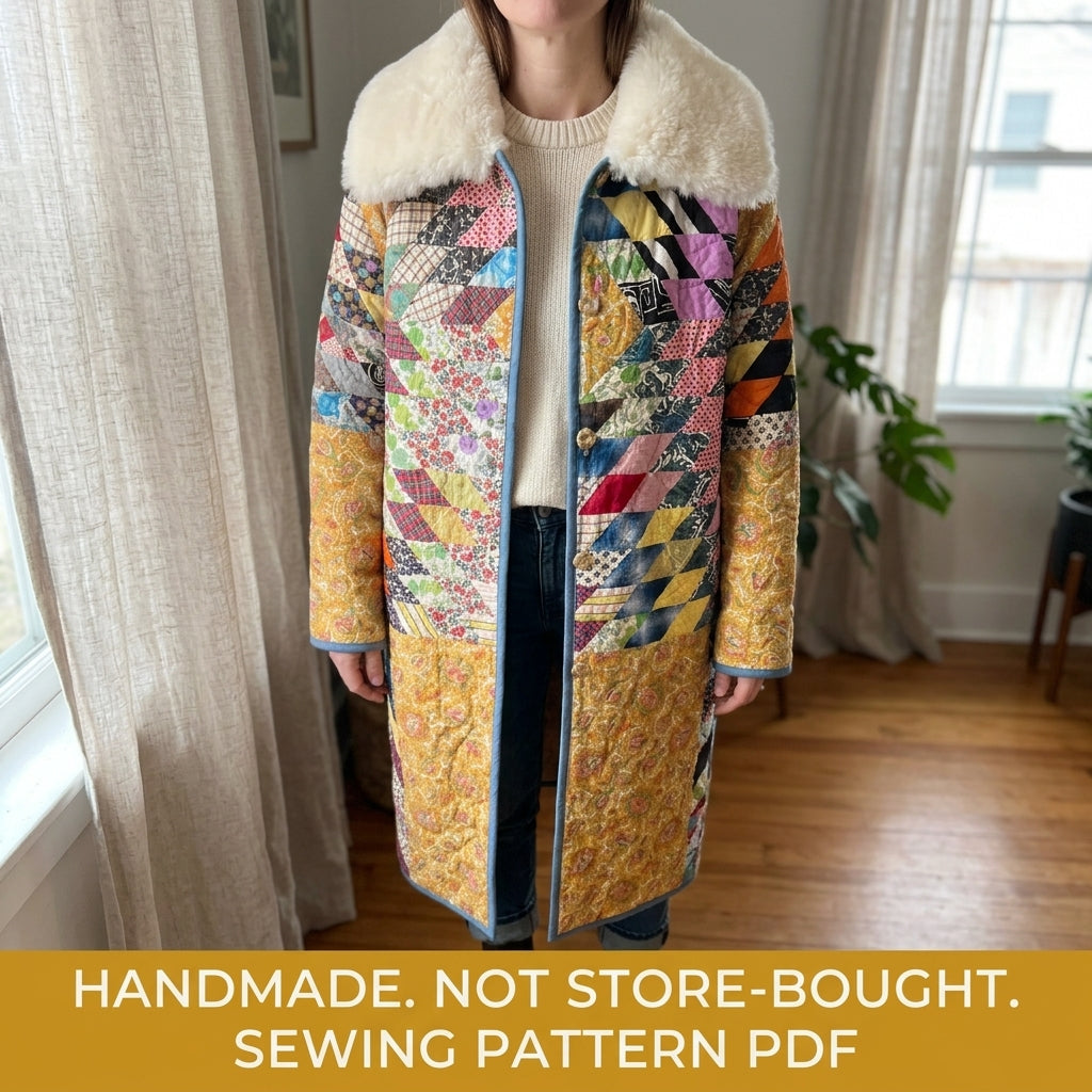 String Diamond Patchwork Long Quilted Coat Sewing Pattern PDF – String Diamond Patchwork Coat with Big Collar