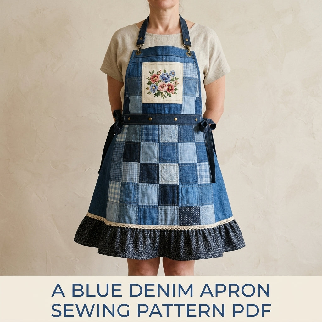 Blue Denim Patchwork Apron Sewing Pattern PDF – Upcycled Jeans Apron