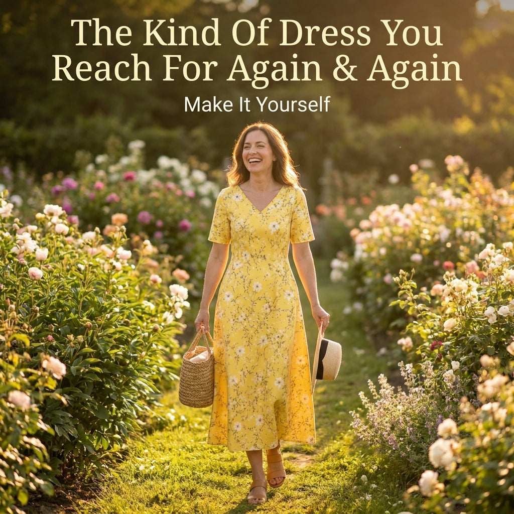 Midi Dress Sewing Pattern — Fitted V-Neck Dress with Flared Skirt and Side Pockets, Sizes XS–3XL, A0 and A4 Layered PDF