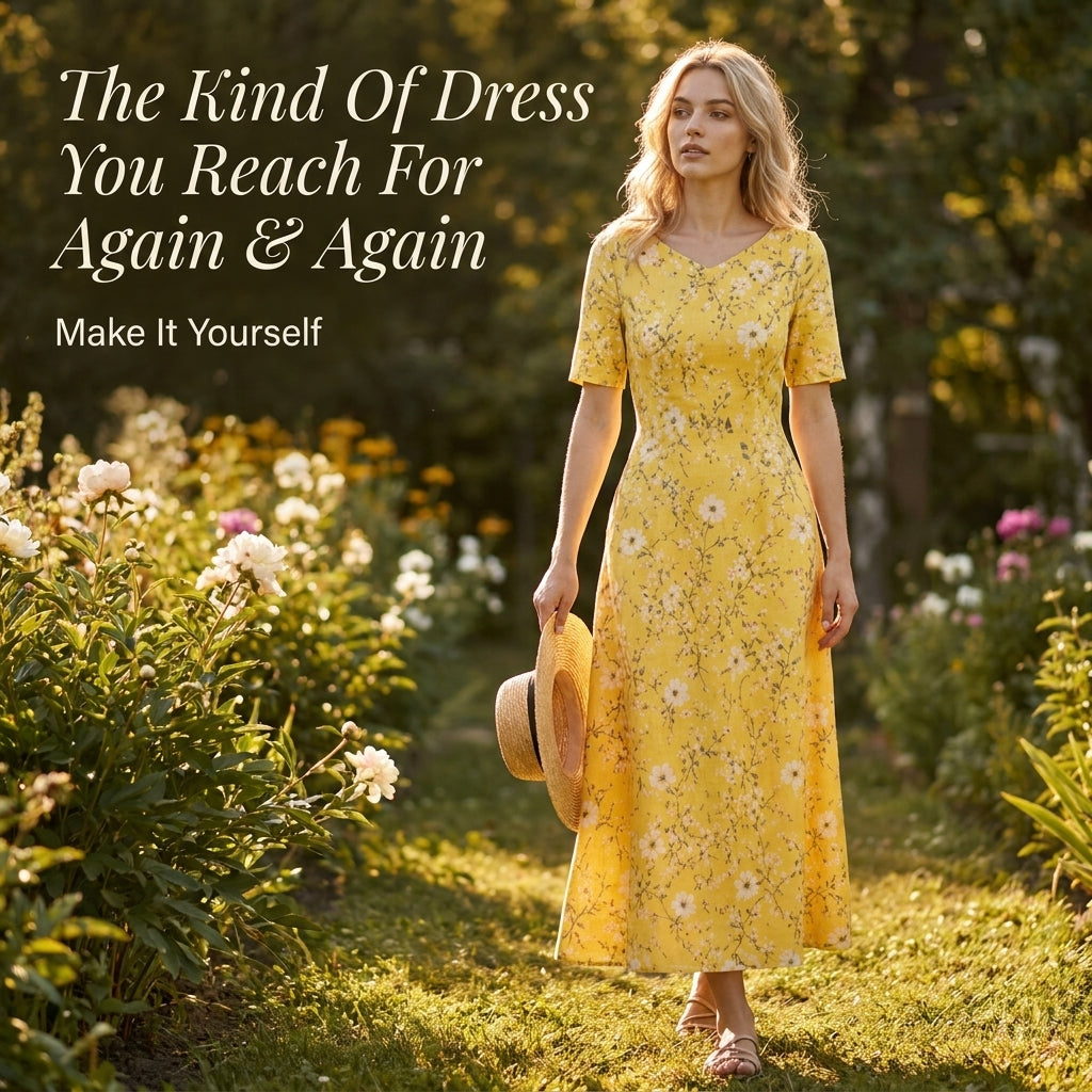Midi Dress Sewing Pattern — Fitted V-Neck Dress with Flared Skirt and Side Pockets, Sizes XS–3XL, A0 and A4 Layered PDF