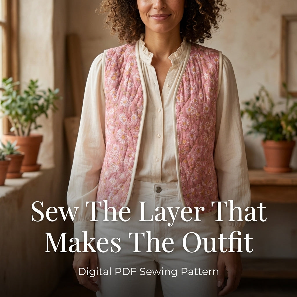 Quilted Vest Sewing Pattern — Reversible Bound-Edge Waistcoat, Sizes XS–3XL, A0 and A4 Layered PDF