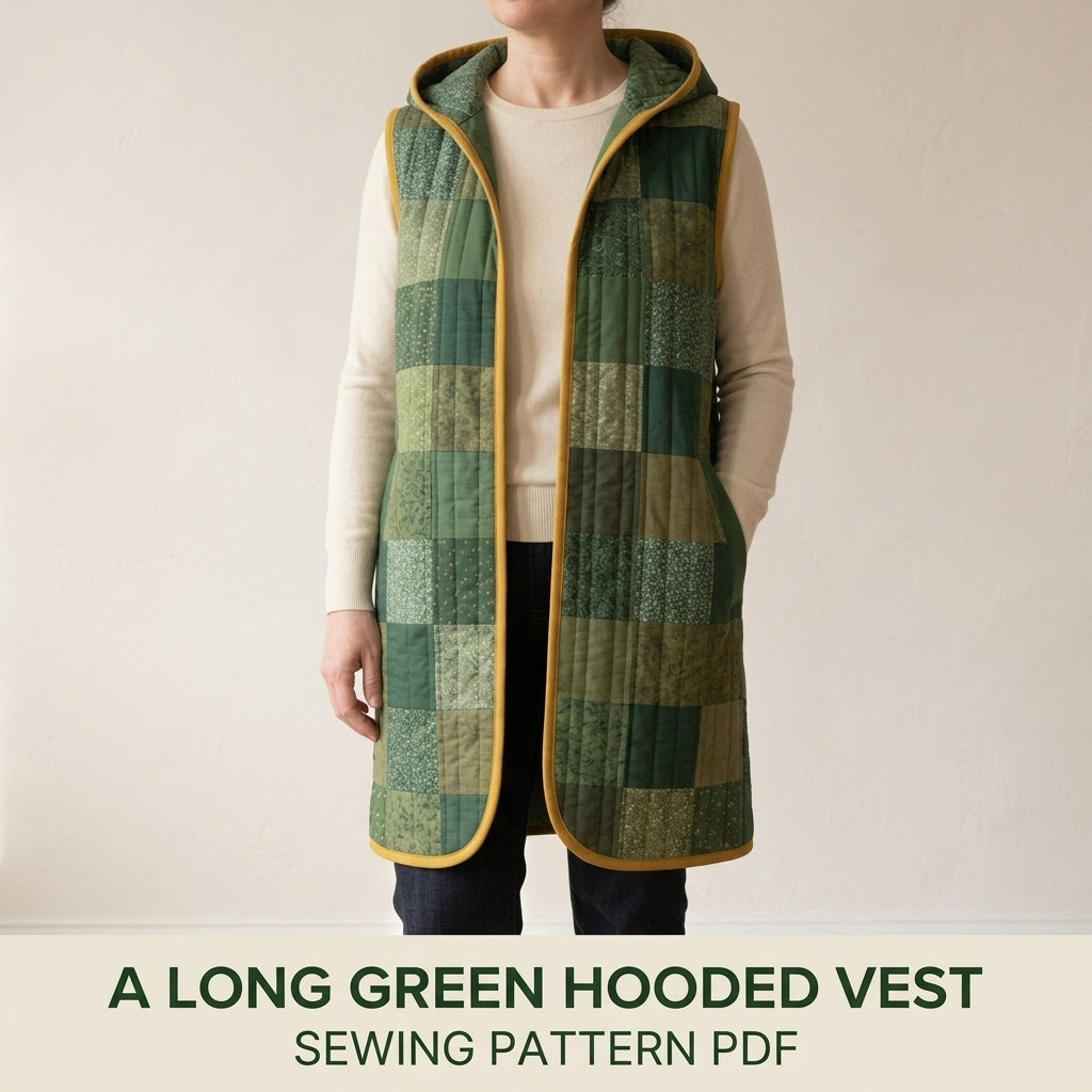 Long Hooded Quilted Vest Sewing Pattern PDF – Knee-Length Patchwork Vest with Pockets and Binding