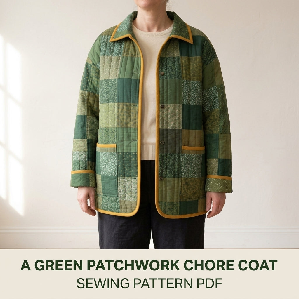 Quilted Patchwork Chore Coat Sewing Pattern PDF – Boxy Hip-Length Quilt Coat with Collar and Patch Pockets