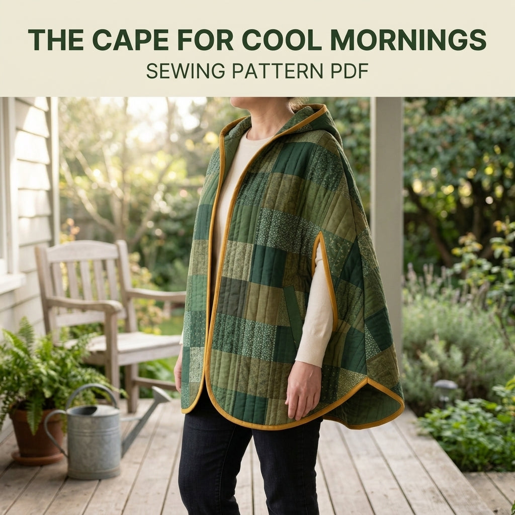 Hooded Patchwork Cape Sewing Pattern PDF – Green Quilted Cape with Arm Slits and Bias Binding
