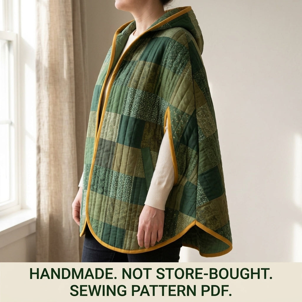 Hooded Patchwork Cape Sewing Pattern PDF – Green Quilted Cape with Arm Slits and Bias Binding