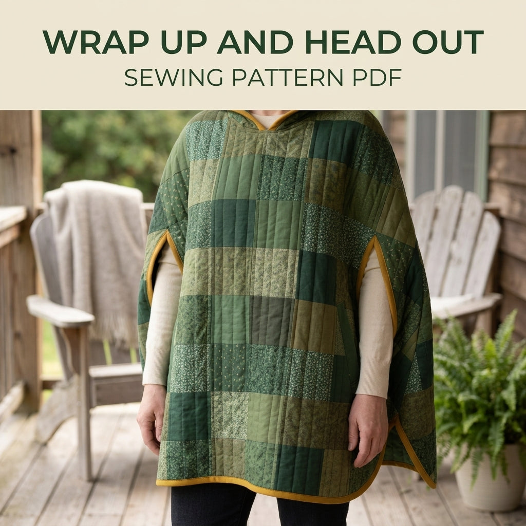 Quilted Poncho Sewing Pattern PDF – Hooded Patchwork Pullover Poncho with Arm Slits and Bias Binding