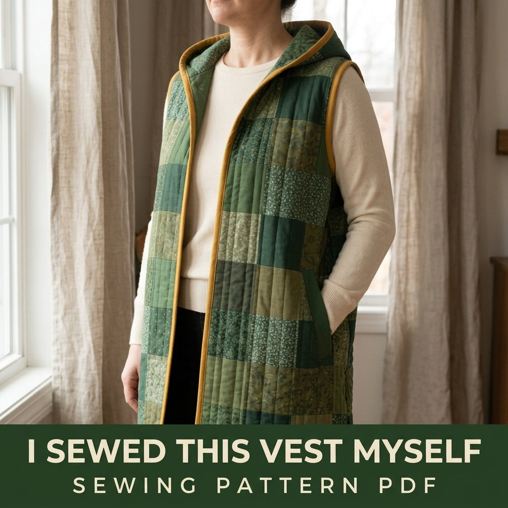 Quilted Patchwork Vest Sewing Pattern PDF – Long Hooded Quilt Vest with Pockets and Bias Binding