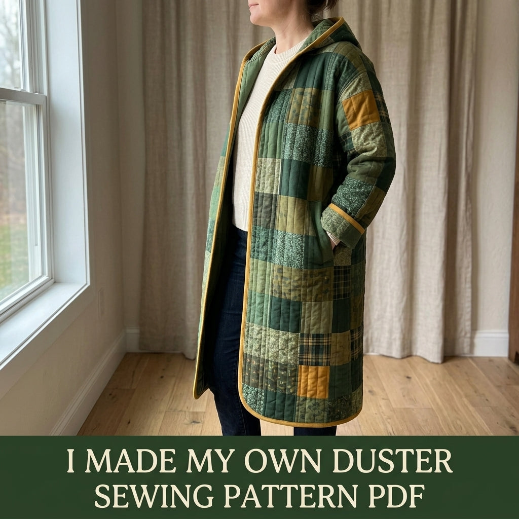 Hooded Quilted Duster Coat Sewing Pattern PDF – Knee-Length Patchwork Quilt Coat with Bias Binding