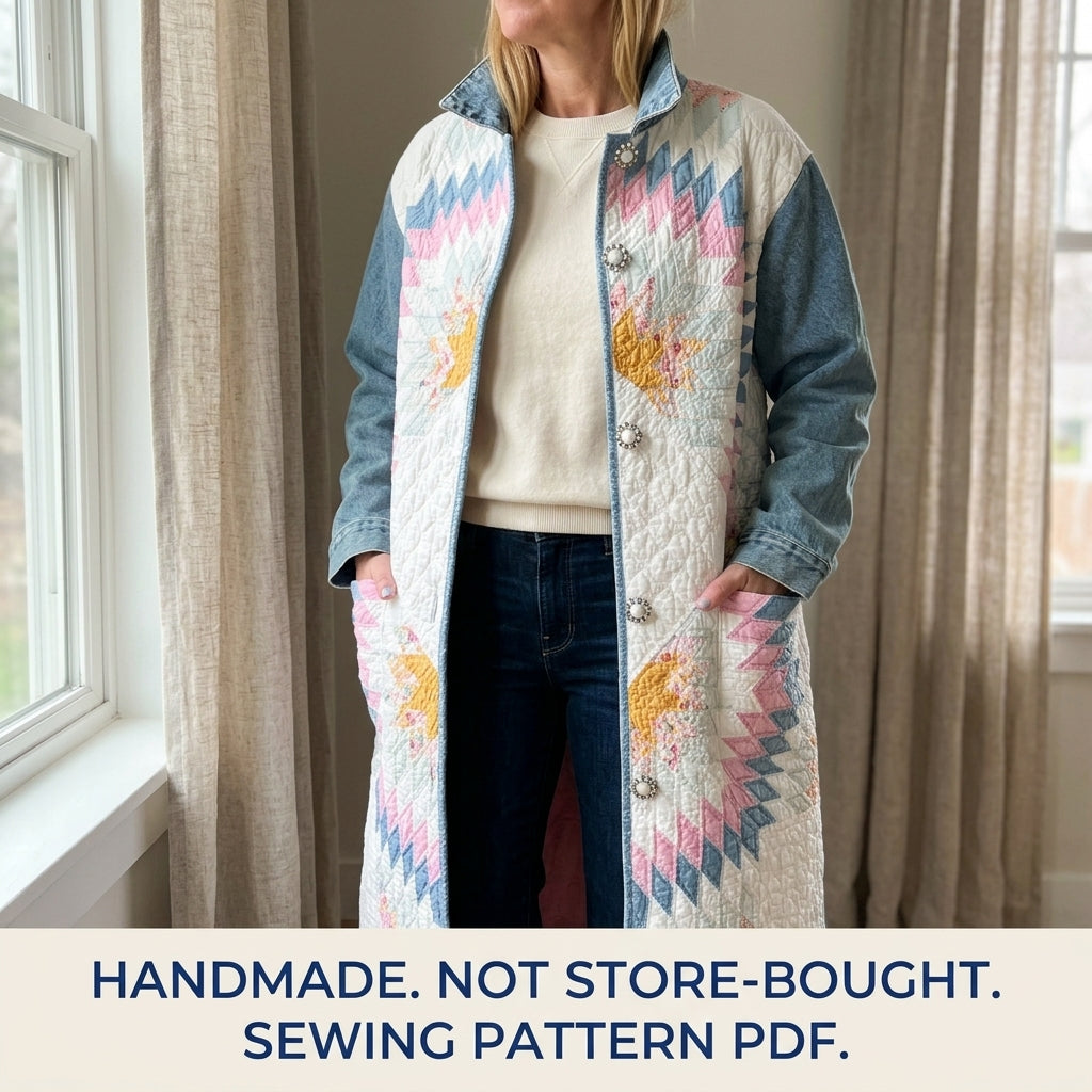 Lone Star Denim Quilt Coat Sewing Pattern PDF – Long Coat from a Quilt