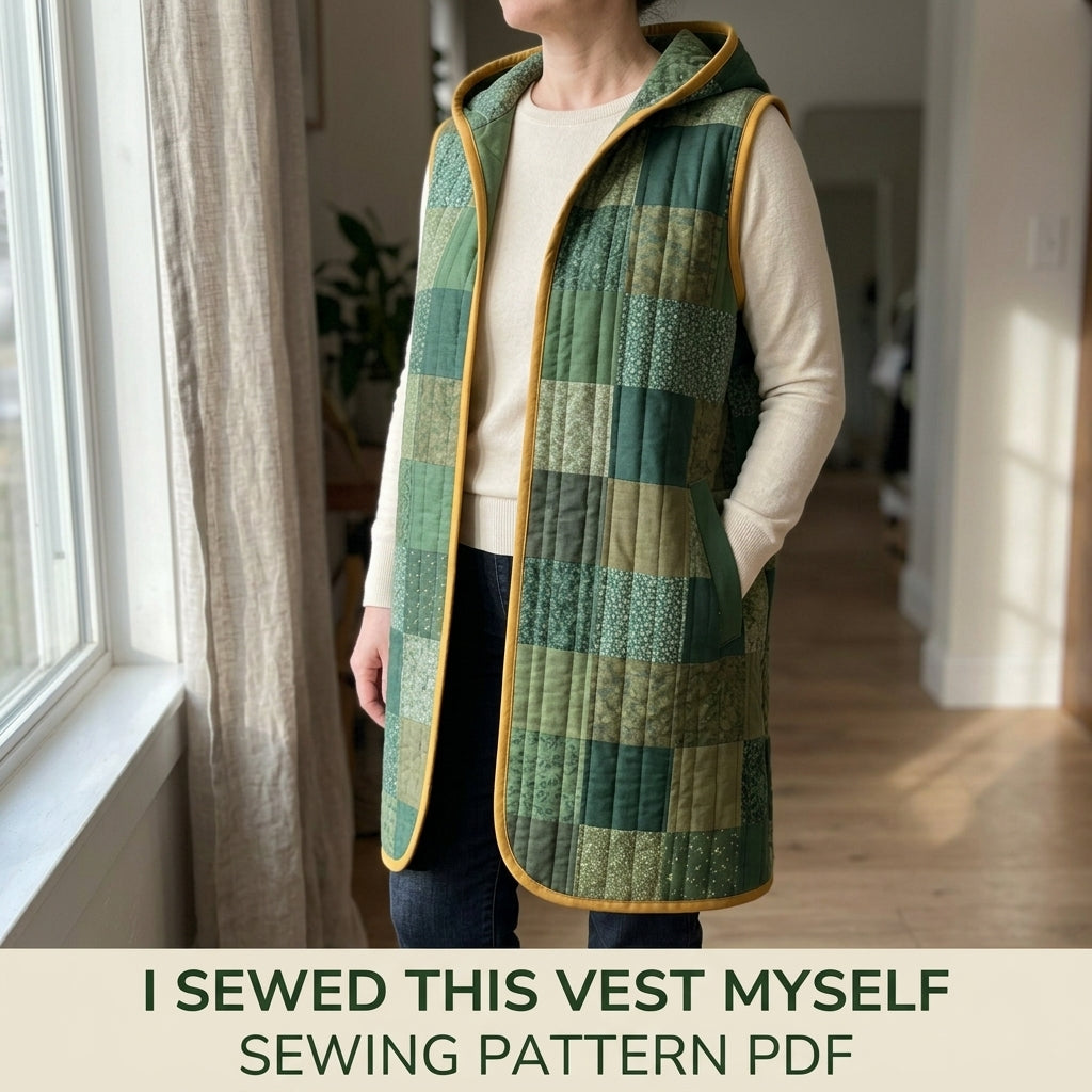 Long Hooded Quilted Vest Sewing Pattern PDF – Knee-Length Patchwork Vest with Pockets and Binding