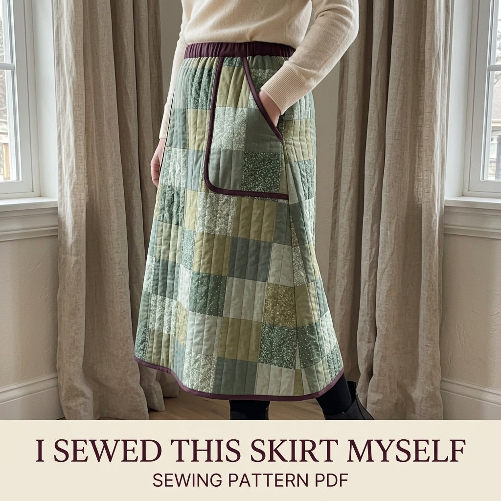 Quilted Skirt Sewing Pattern PDF – Patchwork Midi Skirt with Elastic Waist and Pockets