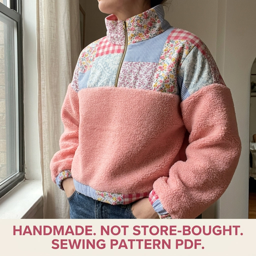 Patchwork Sherpa Half-Zip Pullover Sewing Pattern PDF – Gingham and Floral Yoke Sweater