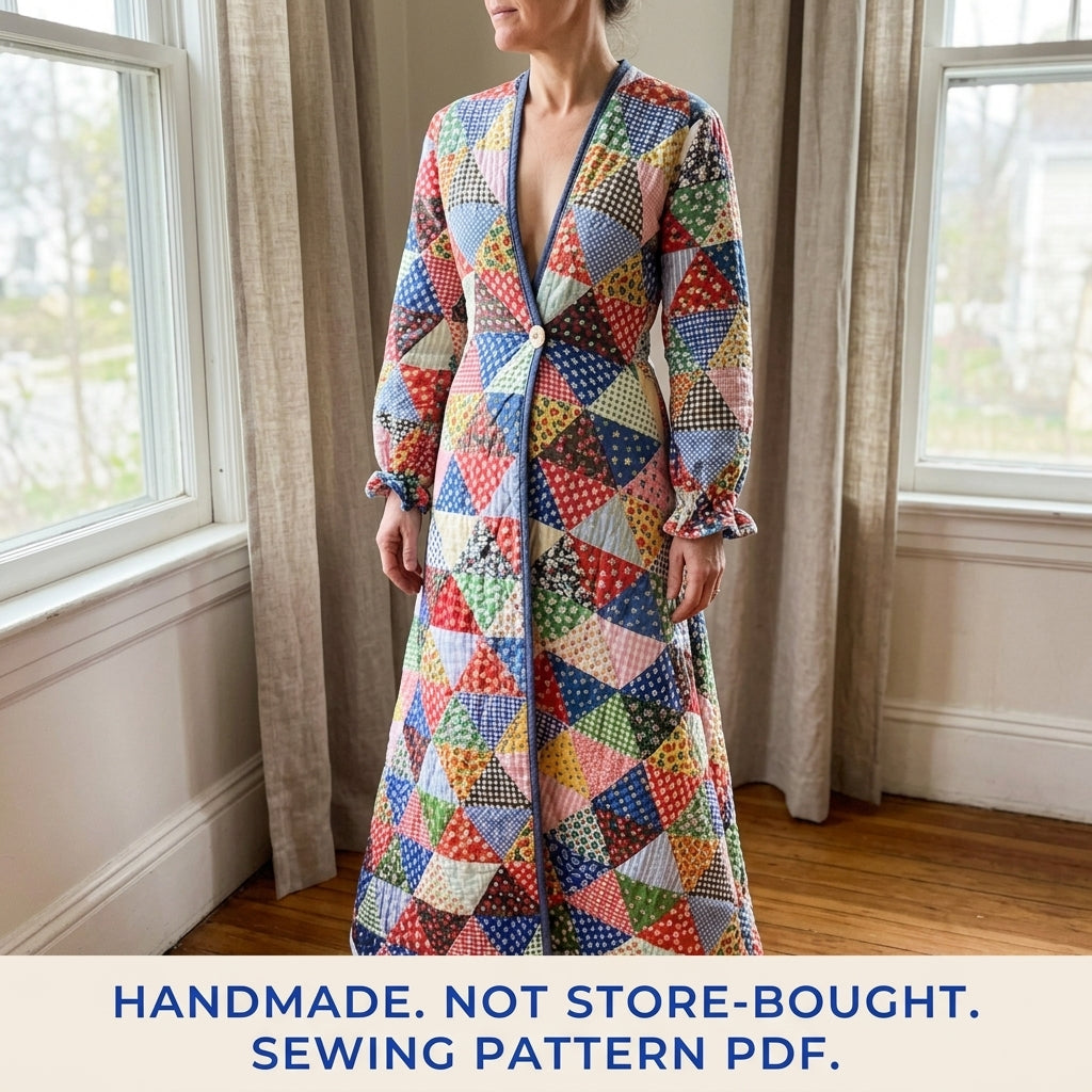 Triangle Patchwork Quilted Robe Sewing Pattern PDF – Floor-Length Calico Quilt Robe