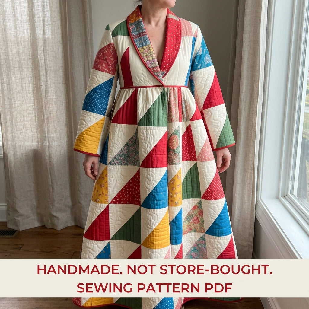 Triangle Patchwork Wrap Coat Sewing Pattern PDF – Long Quilted Coat