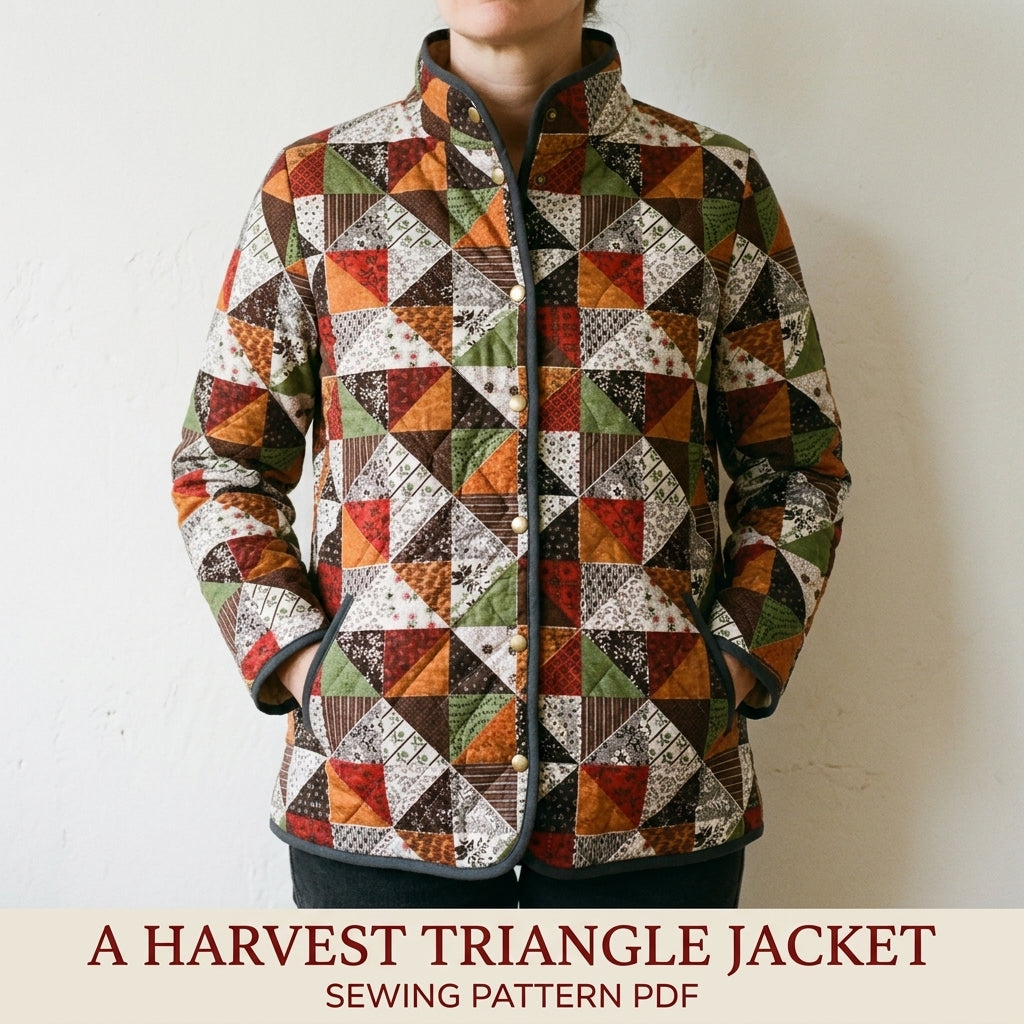 Triangle Patchwork Quilted Jacket Sewing Pattern PDF – Half-Square Triangle Quilt Coat with Stand Collar