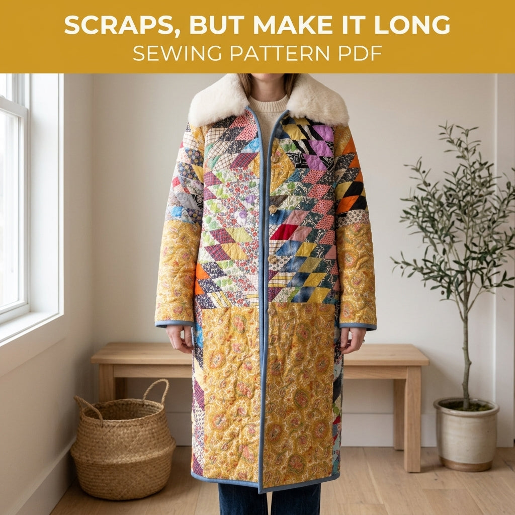 String Diamond Patchwork Long Quilted Coat Sewing Pattern PDF – String Diamond Patchwork Coat with Big Collar