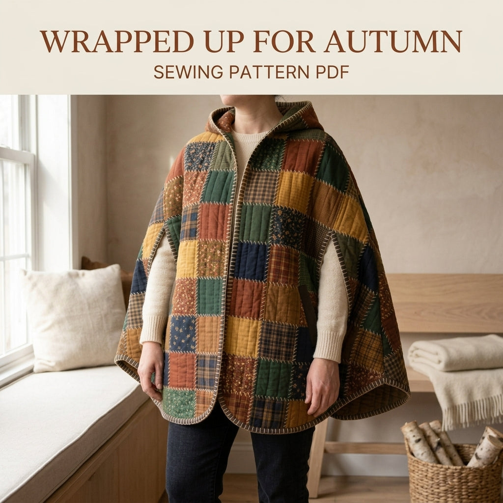 Hooded Patchwork Cape Sewing Pattern PDF – Quilted Autumn Cape with Hand Blanket Stitch Edges and Arm Slits