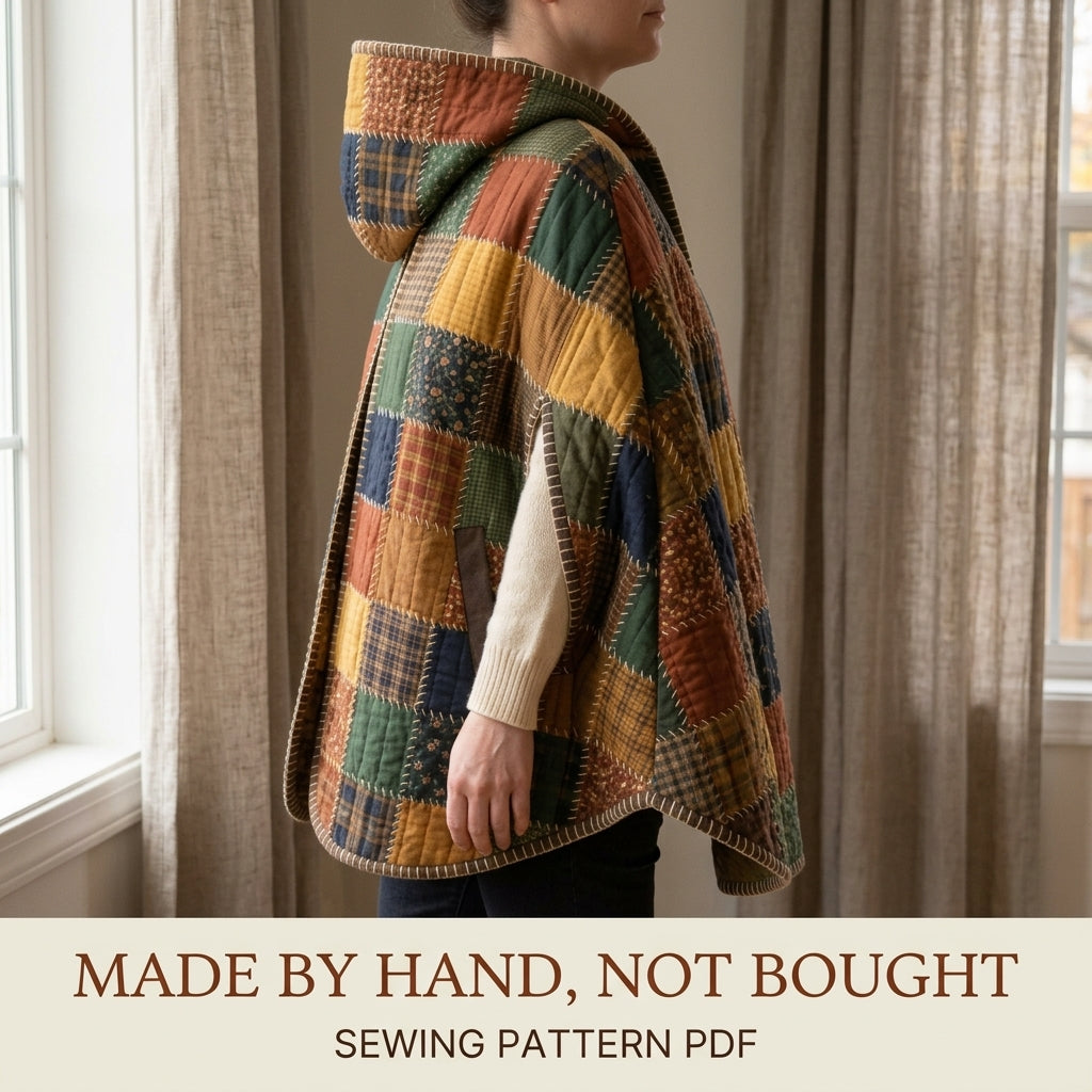 Hooded Patchwork Cape Sewing Pattern PDF – Quilted Autumn Cape with Hand Blanket Stitch Edges and Arm Slits