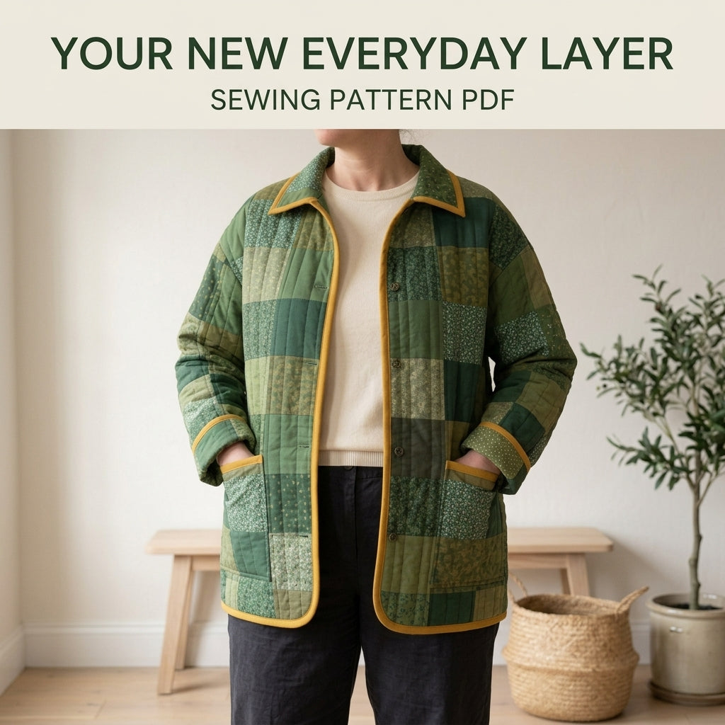 Quilted Patchwork Chore Coat Sewing Pattern PDF – Boxy Hip-Length Quilt Coat with Collar and Patch Pockets