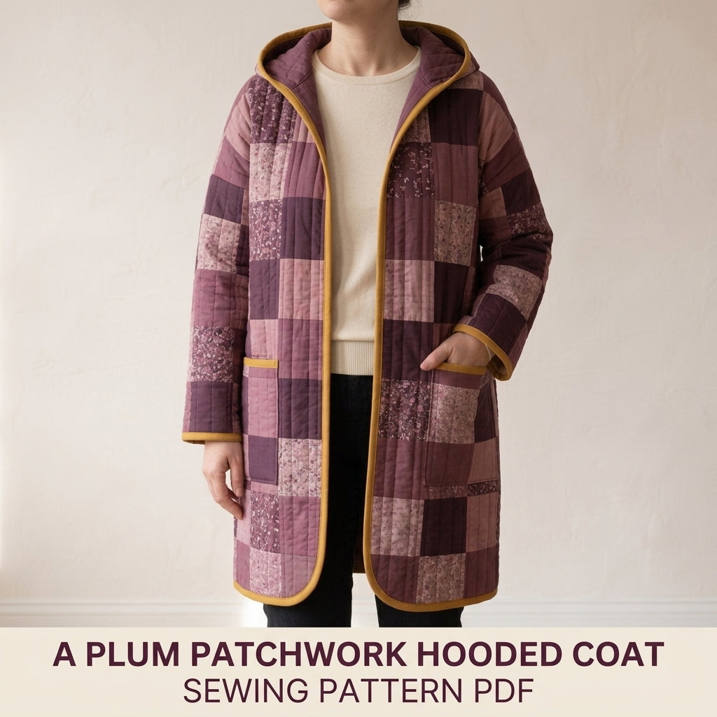 Hooded Quilted Coat Sewing Pattern PDF – Knee-Length Patchwork Quilt Coat with Bias Binding