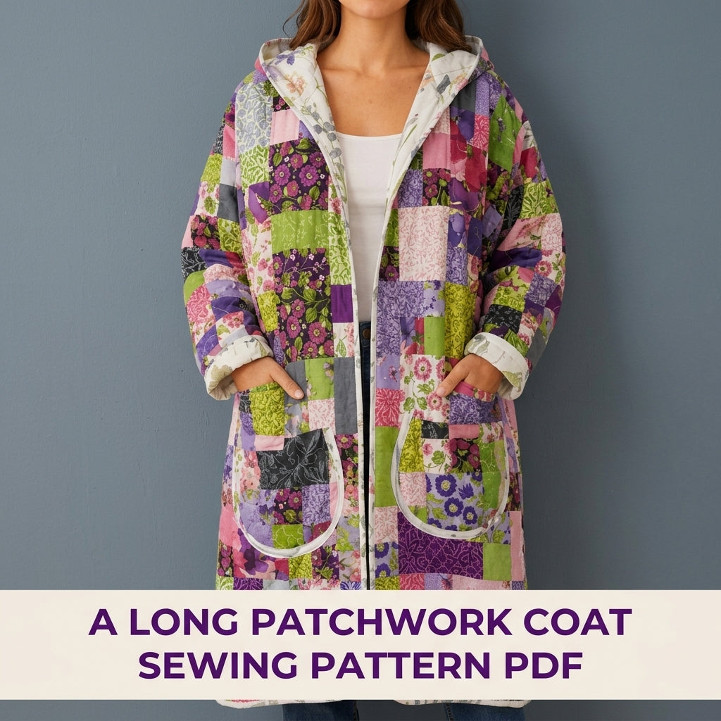 Hooded Patchwork Quilt Coat Sewing Pattern PDF – Long Quilted Coat with Hood