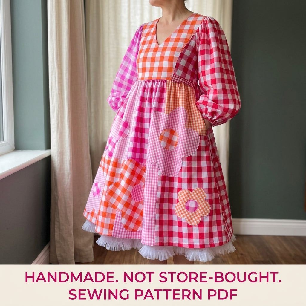 Gingham Flower Patchwork Dress Sewing Pattern PDF – Balloon Sleeve Midi Dress