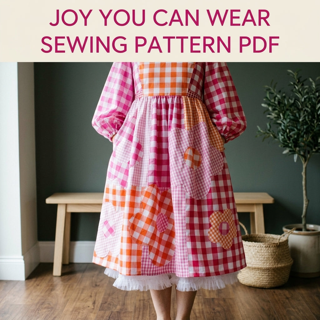 Gingham Flower Patchwork Dress Sewing Pattern PDF – Balloon Sleeve Midi Dress