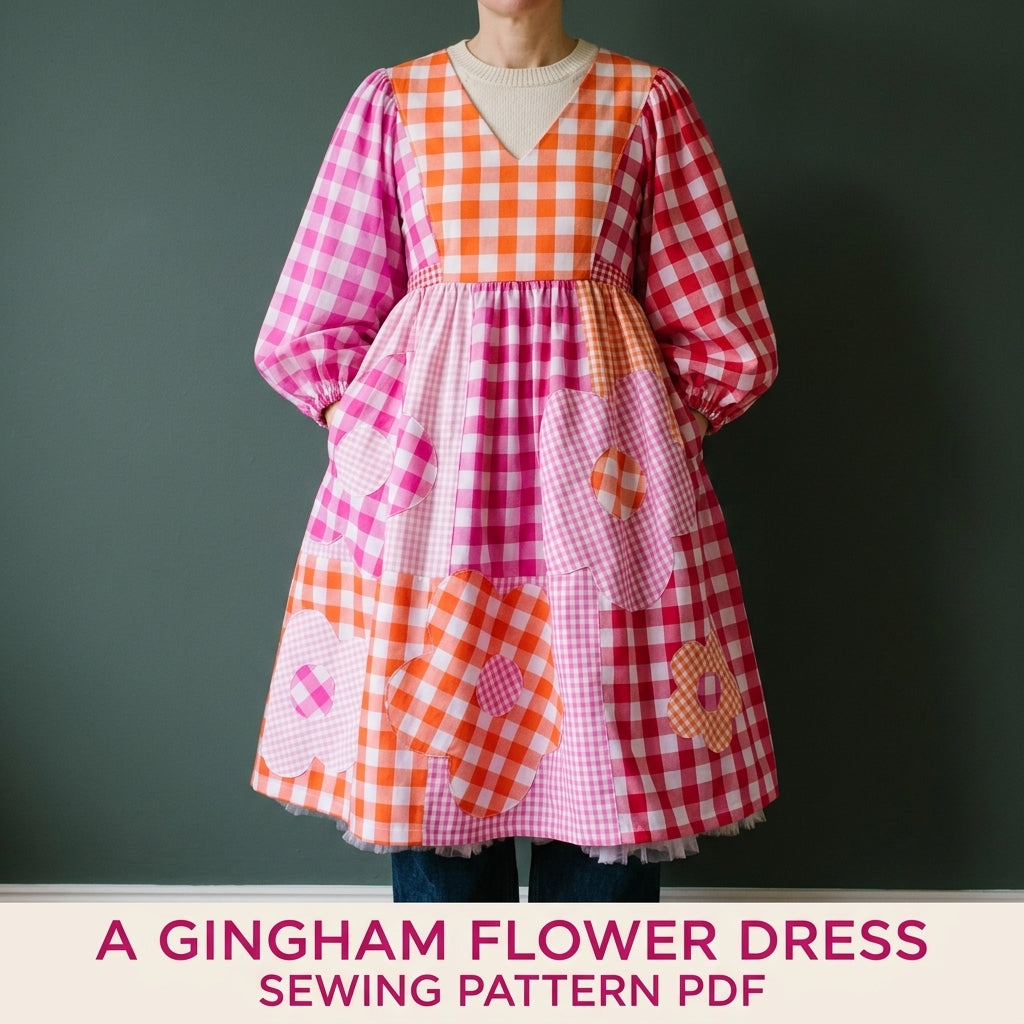 Gingham Flower Patchwork Dress Sewing Pattern PDF – Balloon Sleeve Midi Dress