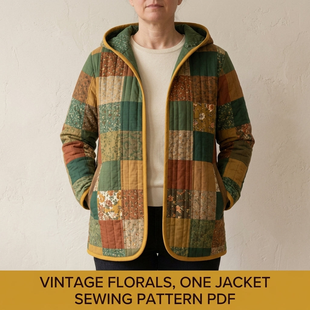 Hooded Quilted Jacket Sewing Pattern PDF – Patchwork Liner Jacket with Vintage Florals and Bias Binding