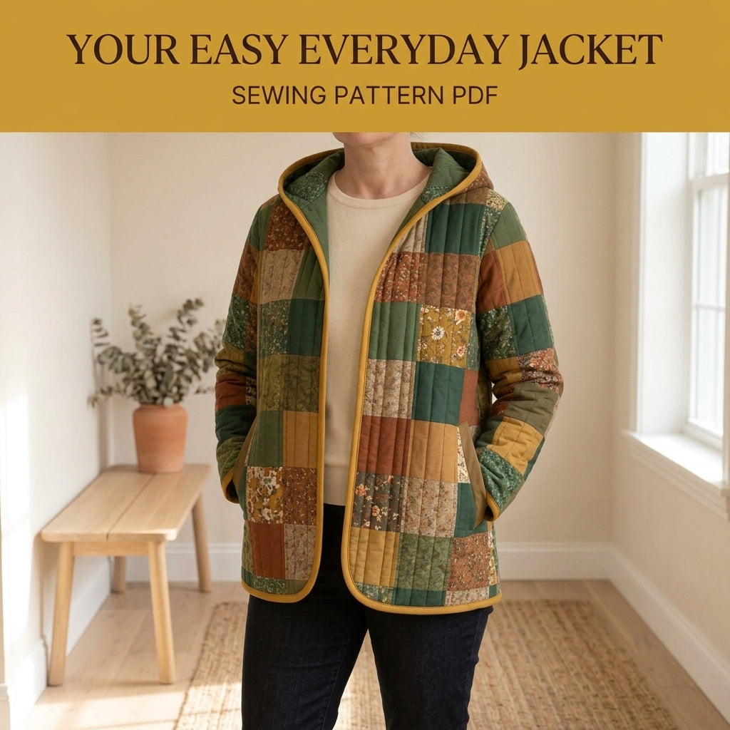 Hooded Quilted Jacket Sewing Pattern PDF – Patchwork Liner Jacket with Vintage Florals and Bias Binding