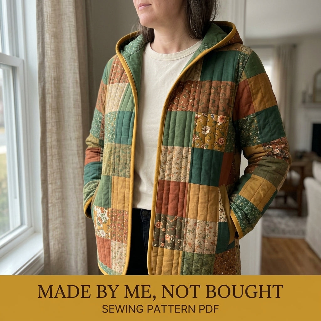 Hooded Quilted Jacket Sewing Pattern PDF – Patchwork Liner Jacket with Vintage Florals and Bias Binding