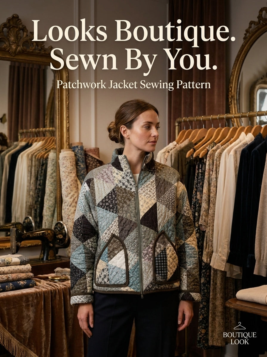 Patchwork Bomber Jacket Sewing Pattern — Quilted Zip Jacket with Funnel Collar, Sizes XS–3XL, A0 and A4 PDF